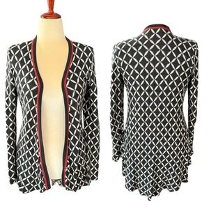 Bellini Geometric Women's Open Front Cardigan Sweater Size Small Black Red White